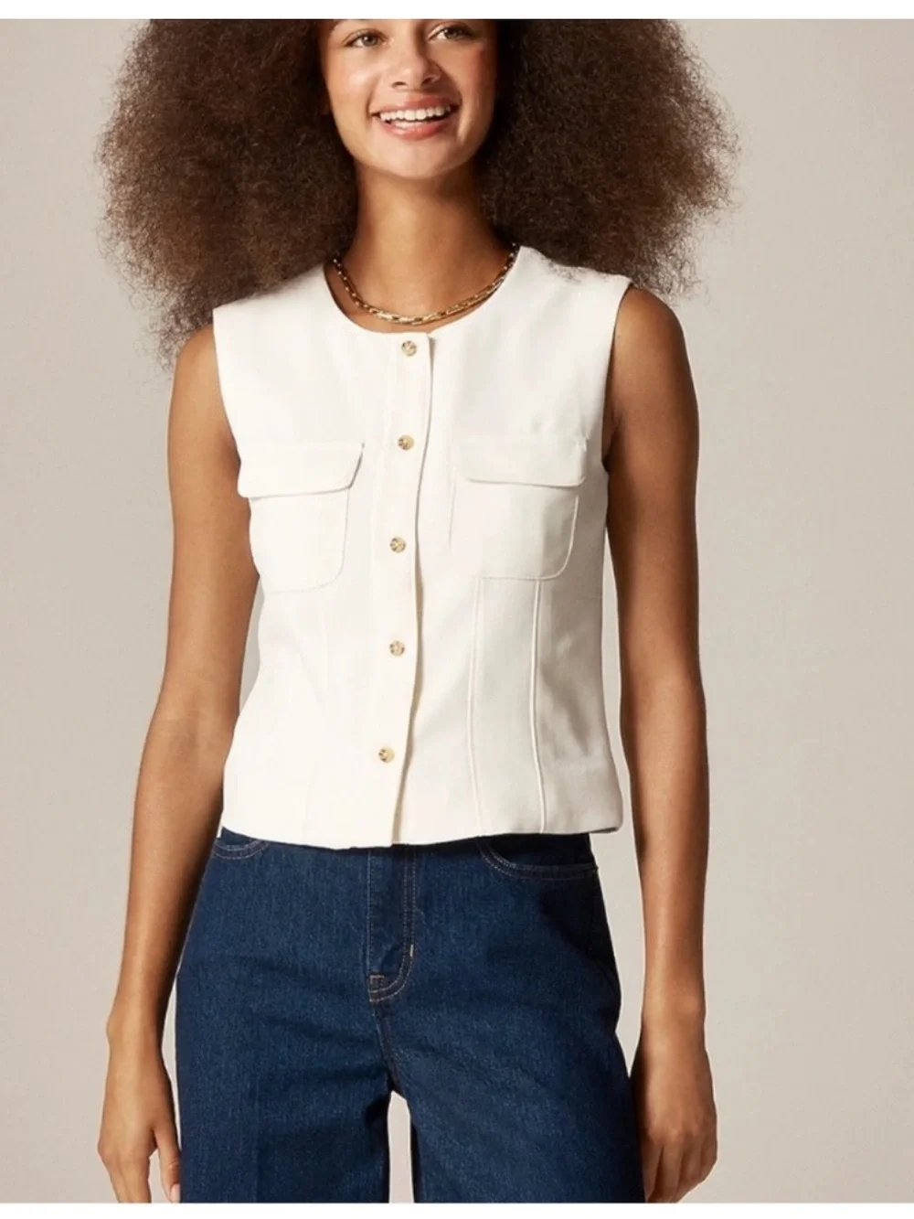 J. Crew Vest City Crepe in Ivory Crewneck Style Button Front Women's Size 14